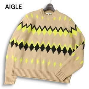 AIGLE エーグル 秋冬★ ノルディック柄 クルーネック ウール カピネム セーター ニット Sz.M メンズ アウトドア　I4T03942_B#K