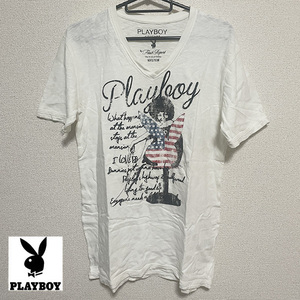 送料無料 PLAYBOY プレイボーイ カットソー 半袖 Vネック Tシャツ ホワイト M ミリタリー ストリート モード アメカジ ヴィンテージ 古着