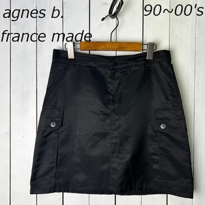 90s~00s フランス製 agnes b. アニエスベー サテンカーゴミニスカート 40 黒 オールド ヴィンテージ 膝上丈 アーカイブ Lサイズ ●271