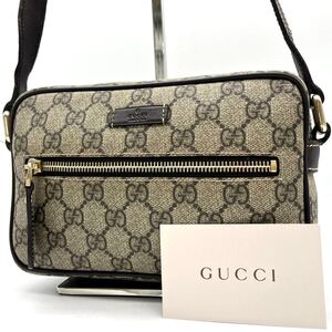 3296【美品】GUCCI グッチ ショルダーバッグ カメラバッグ 斜め掛け GGスプリーム ロゴプレート 型押し ゴールド金具 PVC レザー 本革 