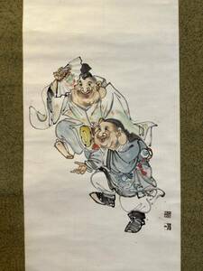 【真作】在銘「恵比寿大黒図」 古い掛け軸(掛軸) 肉筆 紙本 日本画 中国画 古画 絵画 美術品 古美術 画芯サイズ約128*34cm 箱なし