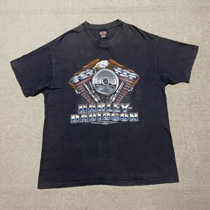 90s USA製 hanes beefy ボディ Harley Davidson ハーレー ダビッドソン イーグル 両面 Tシャツ ブラック フェード XL オールド ビンテージ