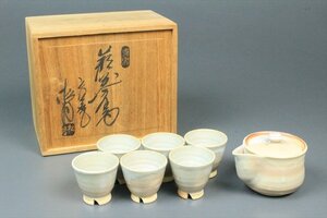 萩焼 江風庵 玉村松月 煎茶器 急須 煎茶碗 6客 茶器セット 煎茶道具 在銘 共箱 骨董品 古美術品 3494bz