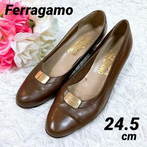 ⑦24cm★Salvatore Ferragamo サルヴァトーレフェラガモ パンプス ゴールドヴァラ レザー ブラウン