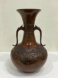 【K53052】 吉秀作 花瓶 鳳凰 壺 高岡銅器？ 伝統工芸品 銅製 金属工芸 アンティーク 花器 花入 美術品 約2.6kg 底に記念品表記有 中古品