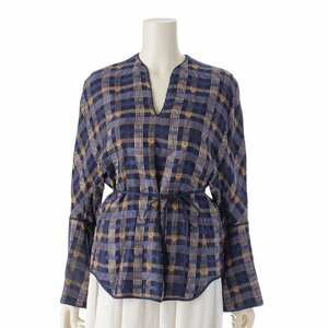 【マメ クロゴウチ】Mame Kurogouchi　18AW kasuri plaid tops 絣 格子 長袖 トップス MM18AWSHO33 ネイビー×オレンジ 1 【中古】214748