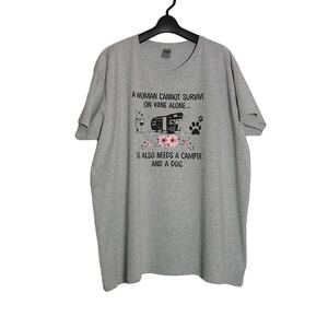 ほぼ新品 レディース Tシャツ 大きいサイズ 3XL プリントTシャツ ティーシャツ グレー色 ワイン キャンピングカー 犬 半袖