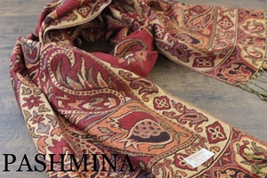 新品【パシュミナ Pashmina100％】金糸織 ペイズリー薔薇柄 ワインレッド×ゴールド 紅×金 W.RED×GOLD 大判 ストール