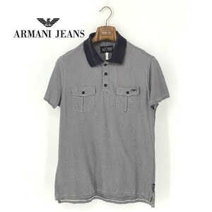 A9816/美品 春夏 ARMANI JEANS アルマーニジーンズ ボーダー 胸ロゴ刺繍 薄手 半袖 Tシャツ カットソー ポロシャツ XL 175 灰色 メンズ