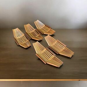 昭和レトロ 竹製 おしぼり置き 竹網 舟型 5客
