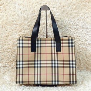 【希少品】BURBERRY LONDON バーバリー ロンドン PVC レザー トートバッグ ハンドバッグ スクエア レザーハンドル ブラック ノバチェック