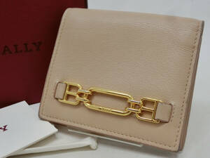 ‡ 0271 BALLY バリー ロゴ金具 コンパクト 折り財布 VIDEN/73 6237041 小銭入れあり ウォレット ベージュ ゴールド金具 元箱/冊子付