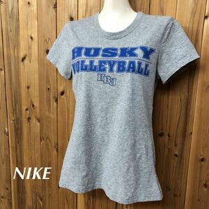 NIKE＊DRI-FIT COTTON TEE レディースS 半袖Tシャツ トップス グレー プリントTシャツ HUSKY VOLLEYBALL スポーツウェア USA古着