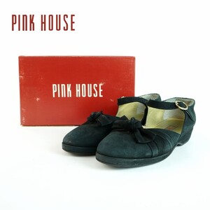 PINK HOUSE ピンクハウス 24.0 フラットシューズ ラウンドトゥ リボン スエード 黒 ブラック 箱付き/NC23