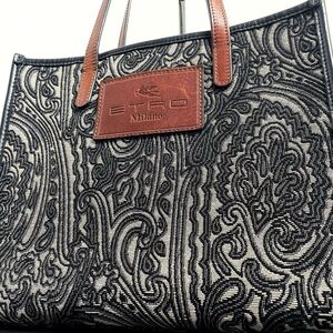 近年モデル◆ETRO エトロ トートバッグ ハンドバッグ ビジネス ジャガード レザー ビジネス メンズ レディース 肩掛け可 ネイビー