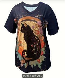 ★猫プリントVネックTシャツ、春夏カジュアル半袖Tシャツ、婦人服　ねこ