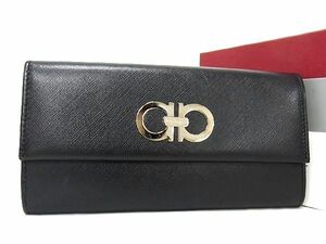 ■新品同様■ SalvatoreFerragamo フェラガモ SJ-227121 ダブルガンチーニ レザー 二つ折り 長財布 ウォレット ブラック系 AS0814