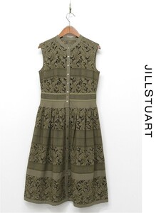 R-F377/美品 JILLSTUART ひざ丈ワンピース ドレス ノースリーブ フレア 総柄 シースルー インナーキャミソール付き 0 S 緑 カーキ