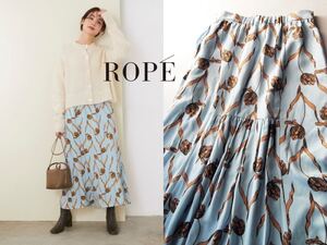 ROPE＊BIGフラワープリントバックギャザーフレアスカート ペールブルー ロペ＊