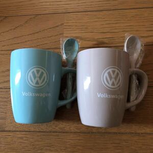 激レア非売品 Volkswagen フォルクスワーゲン 陶器製 スプーン付き マグカップ 2個セット ノベルティ