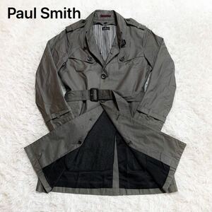 1円~ 【繊維の宝石カシミヤライナー付き】 Paul Smith ポールスミス トレンチコート マルチストライプ ベルト 羊毛 ウールカシミヤ グレー