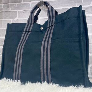 1円【大容量/極美品】エルメス HERMES フールトゥMM トートバッグ A4収納可 メンズ ビジネス コットン 黒 ブラック ストライプ 角擦れなし