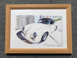 ■BOW。池田和弘『Porsche 356A Speedster』B5サイズ 額入り 貴重イラスト 印刷物 ポスター風デザイン 額装品 アートフレーム 旧車