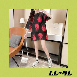 大きいサイズ春夏 韓国 レディース Tシャツワンピース LL-4L RED