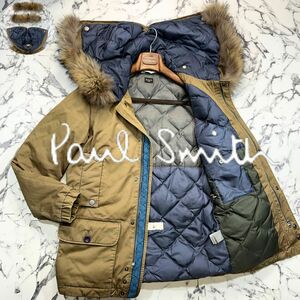 2WAY/フードジップ付き ●Paul Smith ポールスミス M-51 モッズコート ダウン フェザー キルティング ラクーンファー カーキ L位 ミリタリ