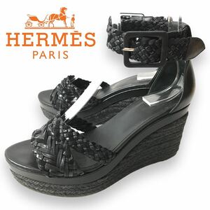 n66 良品 HERMES エルメス エスパドリーユ サンダル 編み レザー アンクルストラップ ウェッジソール ブラック 36 スペイン製 正規品