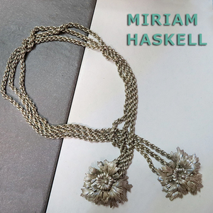 ◆ミリアムハスケル：古色銀色・花のラリアット：ヴィンテージコスチュームジュエリー：Miriam Haskell