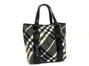 1円 ■美品■ BURBERRY バーバリー ナイロン×パテントレザー チェック柄 トートバッグ ショルダー 肩掛け グレー系×ブラック系 FL1446