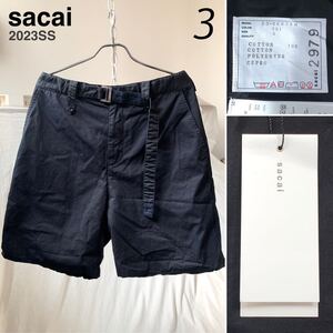 新品 2023SS Sacai サカイ ベルテッド コットン ショーツ 3 メンズ ショートパンツ ダークネイビー ベルト付き ハーフパンツ L