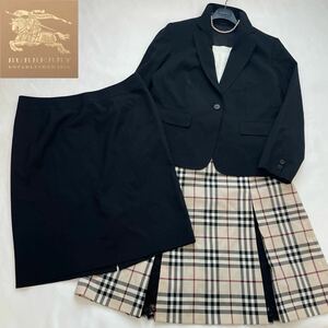 ◆超希少！1番大きいサイズ◆美品◆バーバリー◆BURBERRY 46-48/15-17号/XXL-3L イタリア生地黒スーツ&ノバチェックスカート3点セット♪