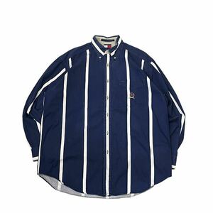 【90s】 TOMMY HILFIGER トミーヒルフィガー ボタンダウン 長袖 シャツ ストライプ メンズ M 紺/ネイビー コットン BD ビンテージ 古着