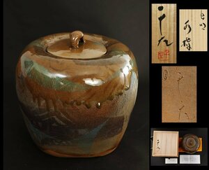 美品 上位作 岡山県重 黒井千左 作 虫明焼 彩色象嵌鉄絵花文 水指 共箱 師 黒井一楽 茶道具 p040