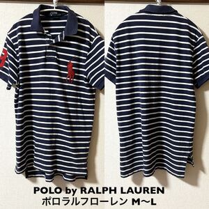 Mサイズ！POLO by RALPH LAUREN ポロラルフローレン 古着半袖ボーダーポロシャツ CUSTOM FIT ネイビー×赤ビッグポニー&ナンバリング