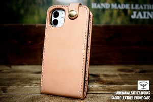 ハンドメイド/サドルレザー iPhone 12miniケース 下開き ナチュラルB2