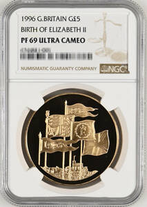 【記念貨幣】1996年 イギリス エリザベス 女王 誕生 70周年 記念 5ポンド 金貨 ゴールドコイン NGC PF69 ULTRA CAMEO 準最高鑑定品★L58