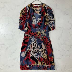 美品 DIANE von FURSTENBERG ダイアンフォンファンステンバーグ 切替 総柄 タック ダーツ ポケット ジップ シルク 半袖 ひざ丈 ワンピース