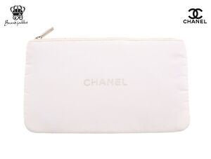 シャネル ノベルティ フラットポーチ ファスナー ホワイト×内生地レッド N.Y. ニューヨーク CHANEL MAKEUP【Used 開封品】