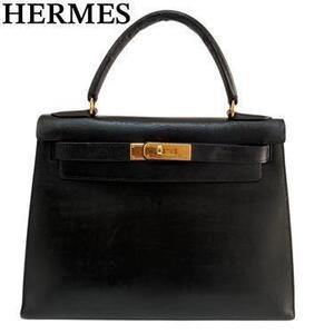 1円~ 美品 HERMES エルメス ケリー 28 ボックスカーフ ◯X刻印 ブラック