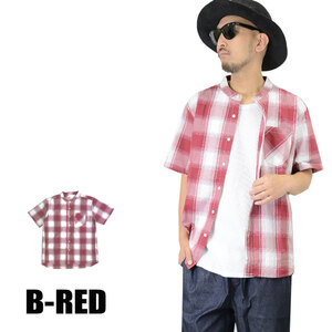 半袖シャツ チェック柄 ビックシルエットバンドカラー 35383 メンズシャツ シャツ 新品 B-RED L