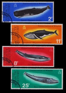 dδ343y2-8B　英領南極1977年　マッコウクジラなどクジラ保護・4枚完　使用済