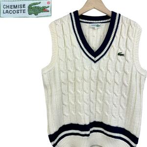 即決★サイズ3★CHEMISE LACOSTE★ ケーブル編み ニットベスト ラコステ 白 ホワイト メンズ T2658 古着公園