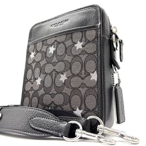 1円《 未使用保管品 》COACH コーチ ショルダーバッグ メンズ ジャガード スター エンブロイダリー ロゴ 斜め掛け シグネチャー レザー 黒