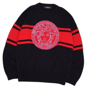 美品 ヴェルサーチ VERSACE ニット セーター メデューサ ウール ロングスリーブ トップス メンズ 44 ブラック/レッド cf12de-rm10e28551