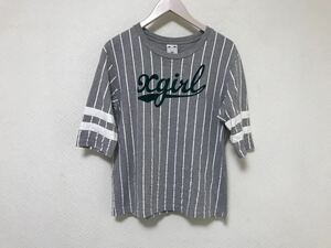 美品本物エックスガールxgirlプリントベースボールストライプ柄5部丈Tシャツホワイトグレー旅行トラベルレディース日本製1S