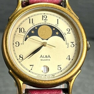 美品 SEIKO セイコー ALBA アルバ V338-6020 腕時計 クォーツ ゴールド アナログ ムーンフェイズ moon phase カレンダー 新品電池交換済み