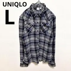 s996/L ユニクロUNIQLO チェックシャツ　ネイビー白　レディース　秋